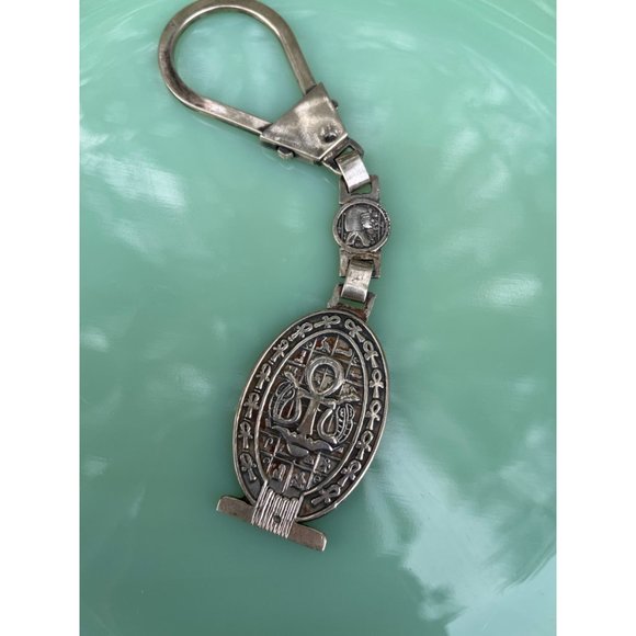 Vintage Sterling Silver Egyptian Key Chain FOB Ankh Cross Hieroglyphics 21 grams - Picture 11 of 15
